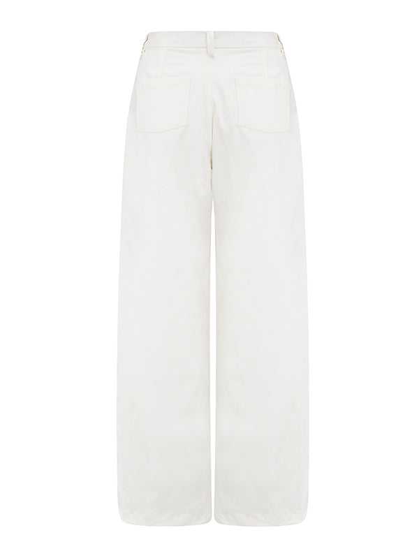 Maureen Wide Leg Trouser in White Organic Cotton Stretch Satin back view