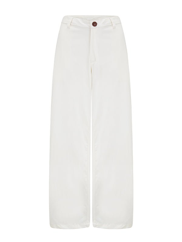 Maureen Wide Leg Trouser in White Organic Cotton Stretch Satin front view