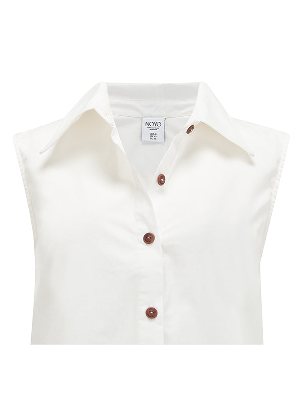 Natasha Sleeveless Shirt Dress in White Organic Cotton Poplin collar detail