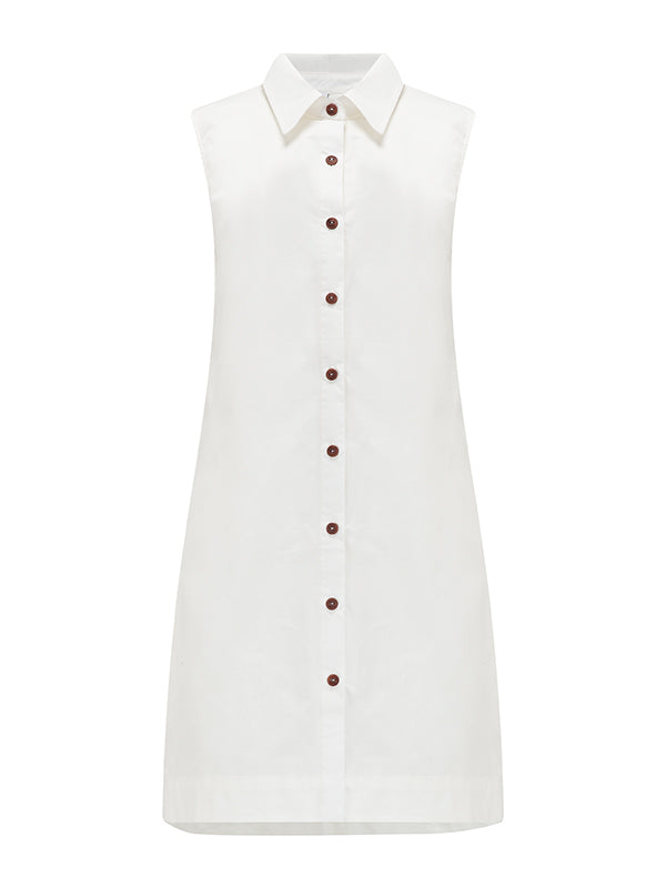 Natasha Sleeveless Shirt Dress in White Organic Cotton Poplin front view