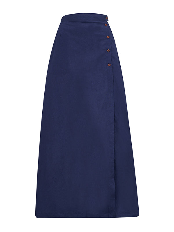 Peggy Buttoned Skirt in Navy Linen Cotton Deadstock front view