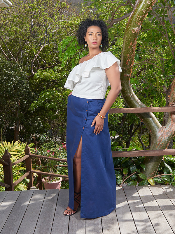 Shop Peggy Buttoned Skirt in Navy Linen Cotton Deadstock